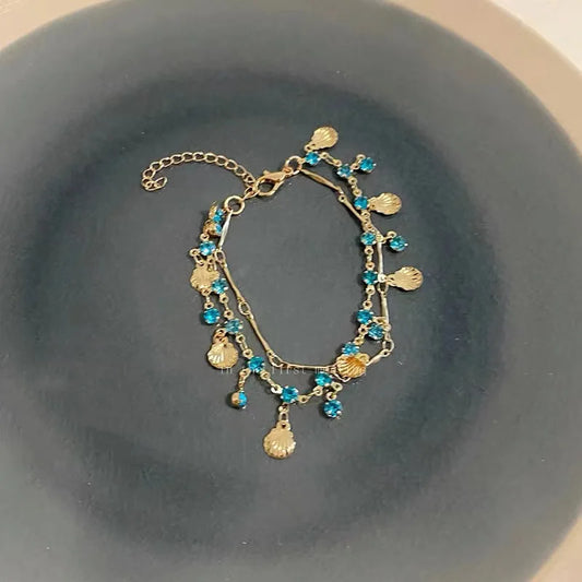 French Romantic Blue Crystal Shell Tassels Bracelet for Women Luxury Y2K Bling Bracelet Exquisite Jewelry Gift