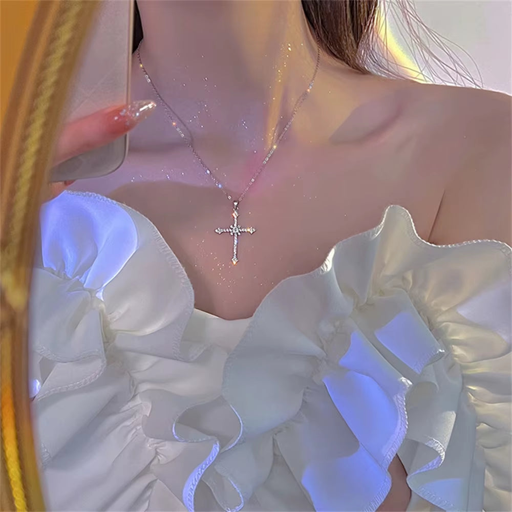 Elegant Crystal Cross Pendant Necklace Silver Color Star Necklace Fashion Jewelry  
