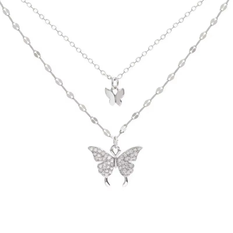 1 Women'S Lats Sparkling Double Layer Butterfly Necklace Exquisite Double Layer Collar Chain Jewelry Banquet Party Holiday Gift