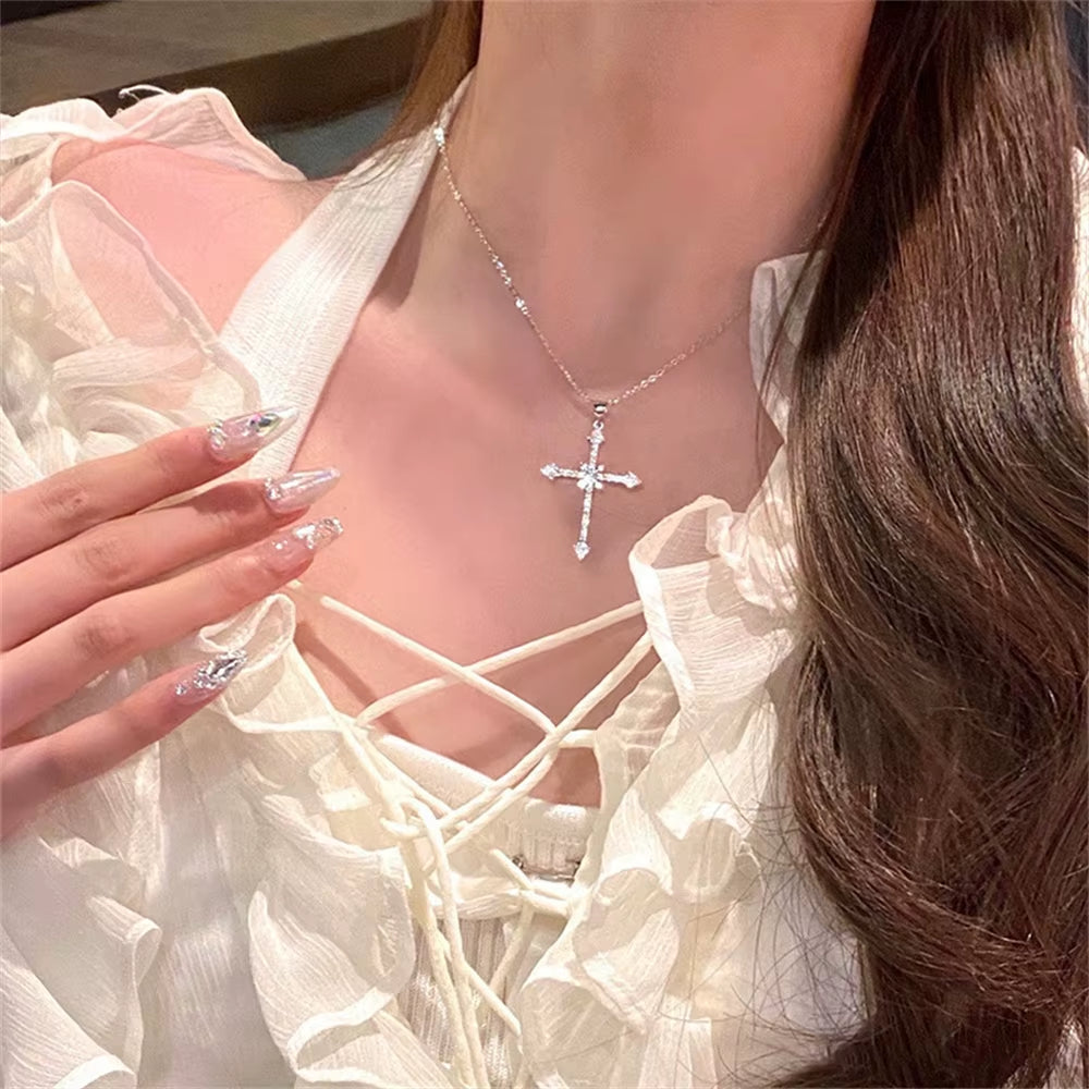 Elegant Crystal Cross Pendant Necklace Silver Color Star Necklace Fashion Jewelry  