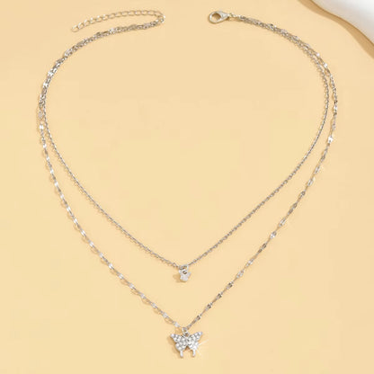 1 Women'S Lats Sparkling Double Layer Butterfly Necklace Exquisite Double Layer Collar Chain Jewelry Banquet Party Holiday Gift