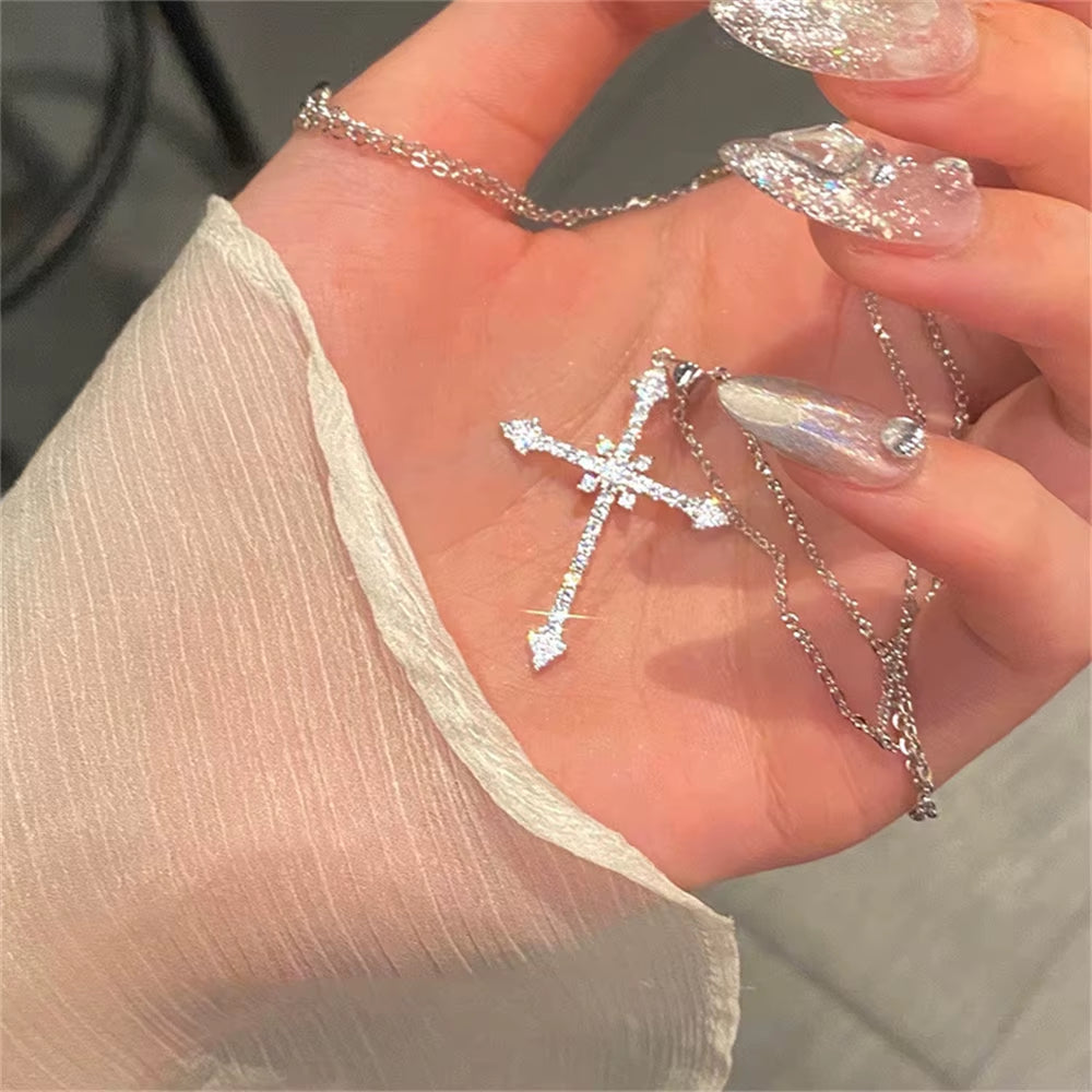 Elegant Crystal Cross Pendant Necklace Silver Color Star Necklace Fashion Jewelry  