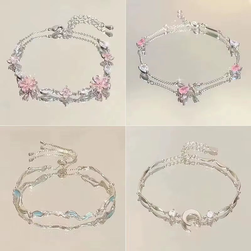 New Women Bracelet Shiny Pink Zircon Butterfly Cherry Blossom Hand Chain for Girls Friendship Gift Y2K Accessories
