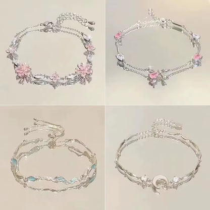 New Women Bracelet Shiny Pink Zircon Butterfly Cherry Blossom Hand Chain for Girls Friendship Gift Y2K Accessories