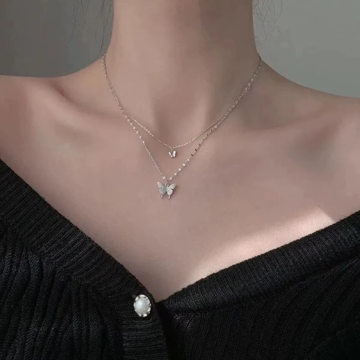 1 Women'S Lats Sparkling Double Layer Butterfly Necklace Exquisite Double Layer Collar Chain Jewelry Banquet Party Holiday Gift