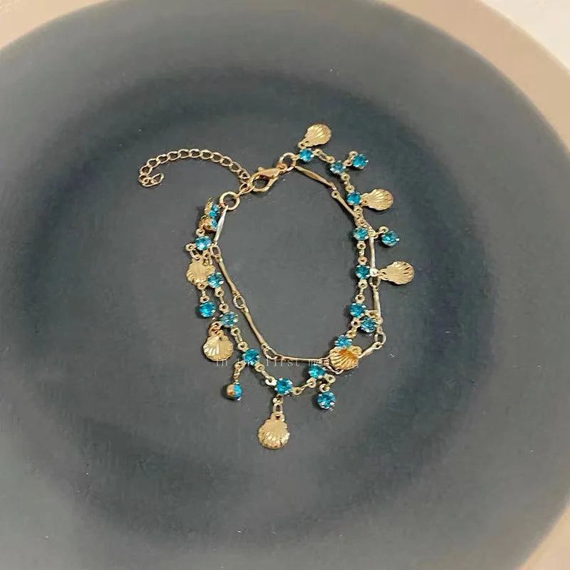 French Romantic Blue Crystal Shell Tassels Bracelet for Women Luxury Y2K Bling Bracelet Exquisite Jewelry Gift