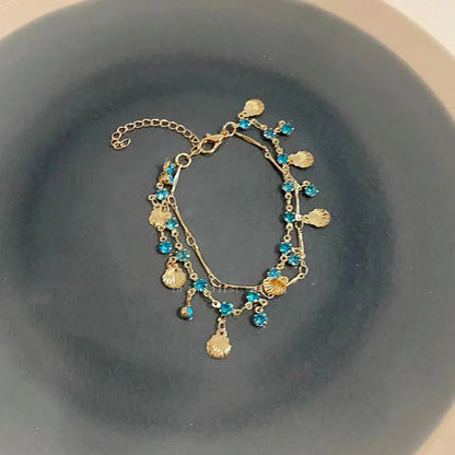 French Romantic Blue Crystal Shell Tassels Bracelet for Women Luxury Y2K Bling Bracelet Exquisite Jewelry Gift