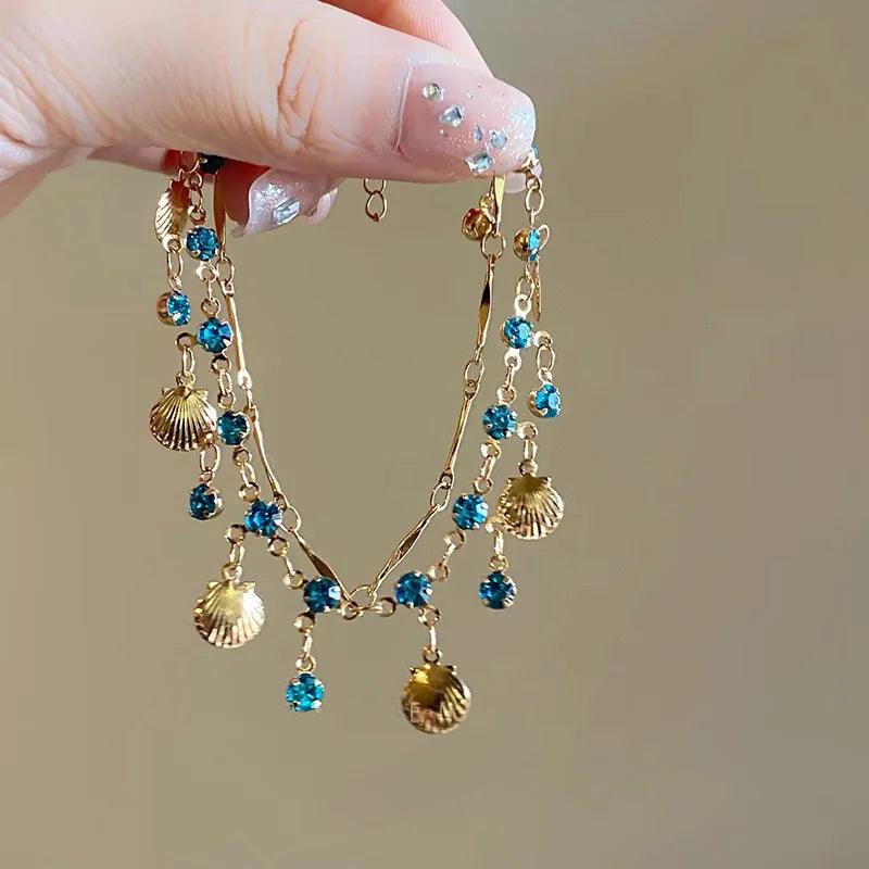 French Romantic Blue Crystal Shell Tassels Bracelet for Women Luxury Y2K Bling Bracelet Exquisite Jewelry Gift