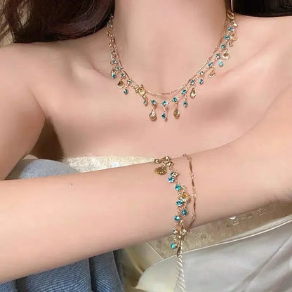 French Romantic Blue Crystal Shell Tassels Bracelet for Women Luxury Y2K Bling Bracelet Exquisite Jewelry Gift