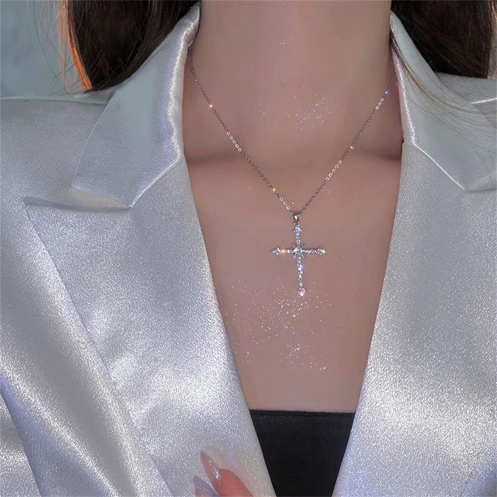 Elegant Crystal Cross Pendant Necklace Silver Color Star Necklace Fashion Jewelry  