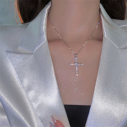 Elegant Crystal Cross Pendant Necklace Silver Color Star Necklace Fashion Jewelry  