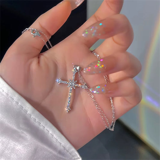 Elegant Crystal Cross Pendant Necklace Silver Color Star Necklace Fashion Jewelry  