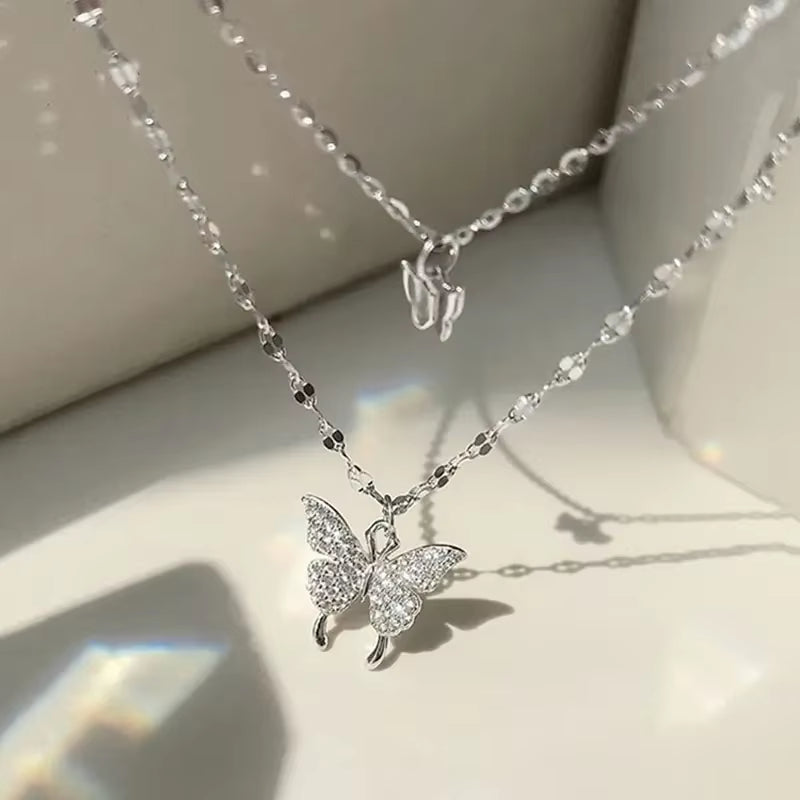 1 Women'S Lats Sparkling Double Layer Butterfly Necklace Exquisite Double Layer Collar Chain Jewelry Banquet Party Holiday Gift