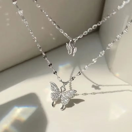 1 Women'S Lats Sparkling Double Layer Butterfly Necklace Exquisite Double Layer Collar Chain Jewelry Banquet Party Holiday Gift