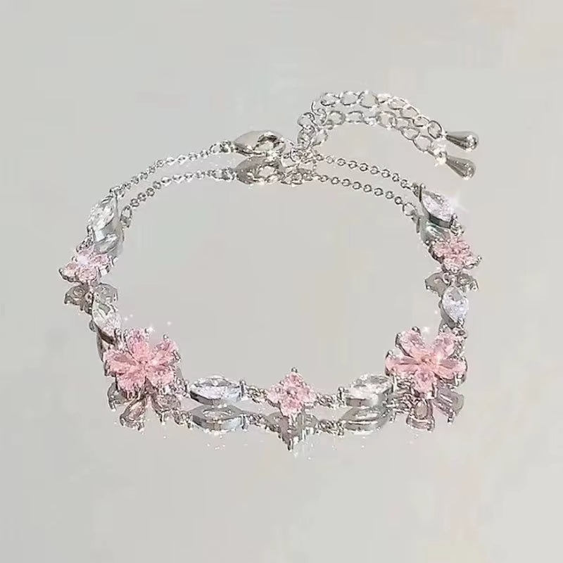 New Women Bracelet Shiny Pink Zircon Butterfly Cherry Blossom Hand Chain for Girls Friendship Gift Y2K Accessories
