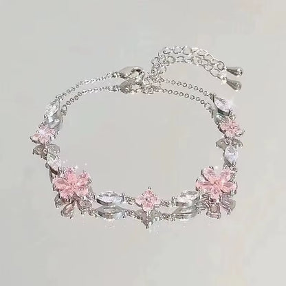 New Women Bracelet Shiny Pink Zircon Butterfly Cherry Blossom Hand Chain for Girls Friendship Gift Y2K Accessories