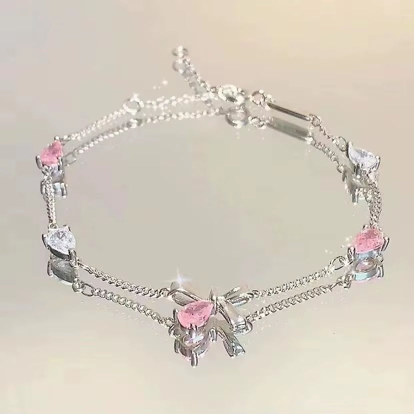 New Women Bracelet Shiny Pink Zircon Butterfly Cherry Blossom Hand Chain for Girls Friendship Gift Y2K Accessories