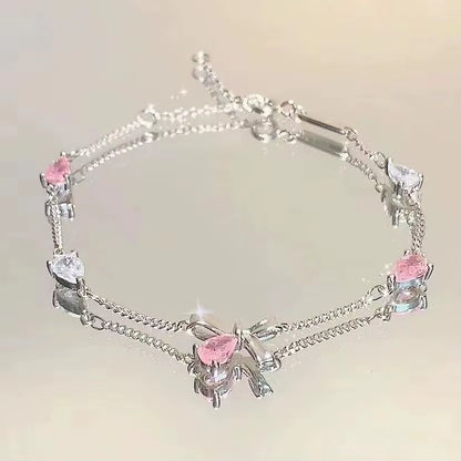 New Women Bracelet Shiny Pink Zircon Butterfly Cherry Blossom Hand Chain for Girls Friendship Gift Y2K Accessories